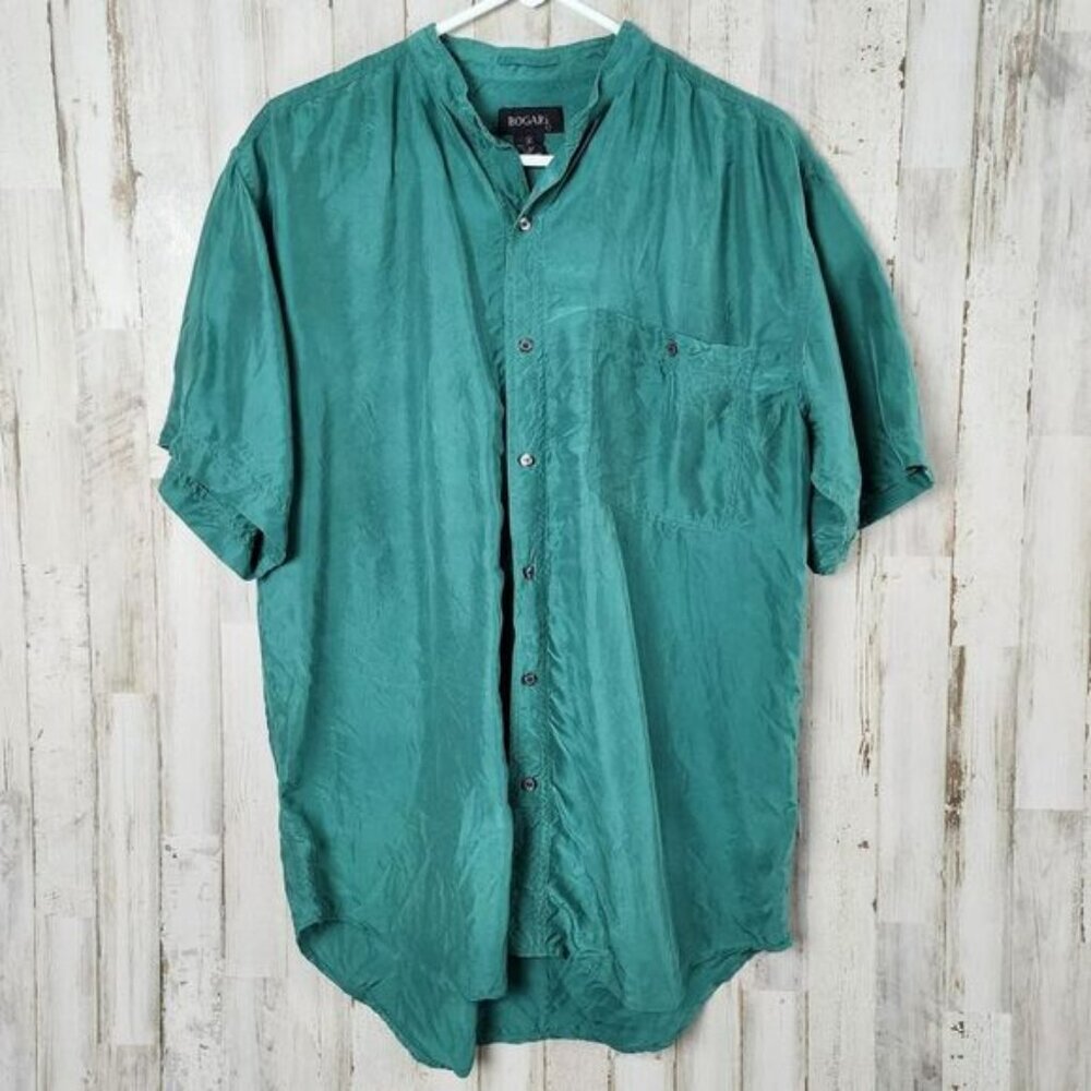 Bogari Silk Button Down Blouse Teal Size Medium